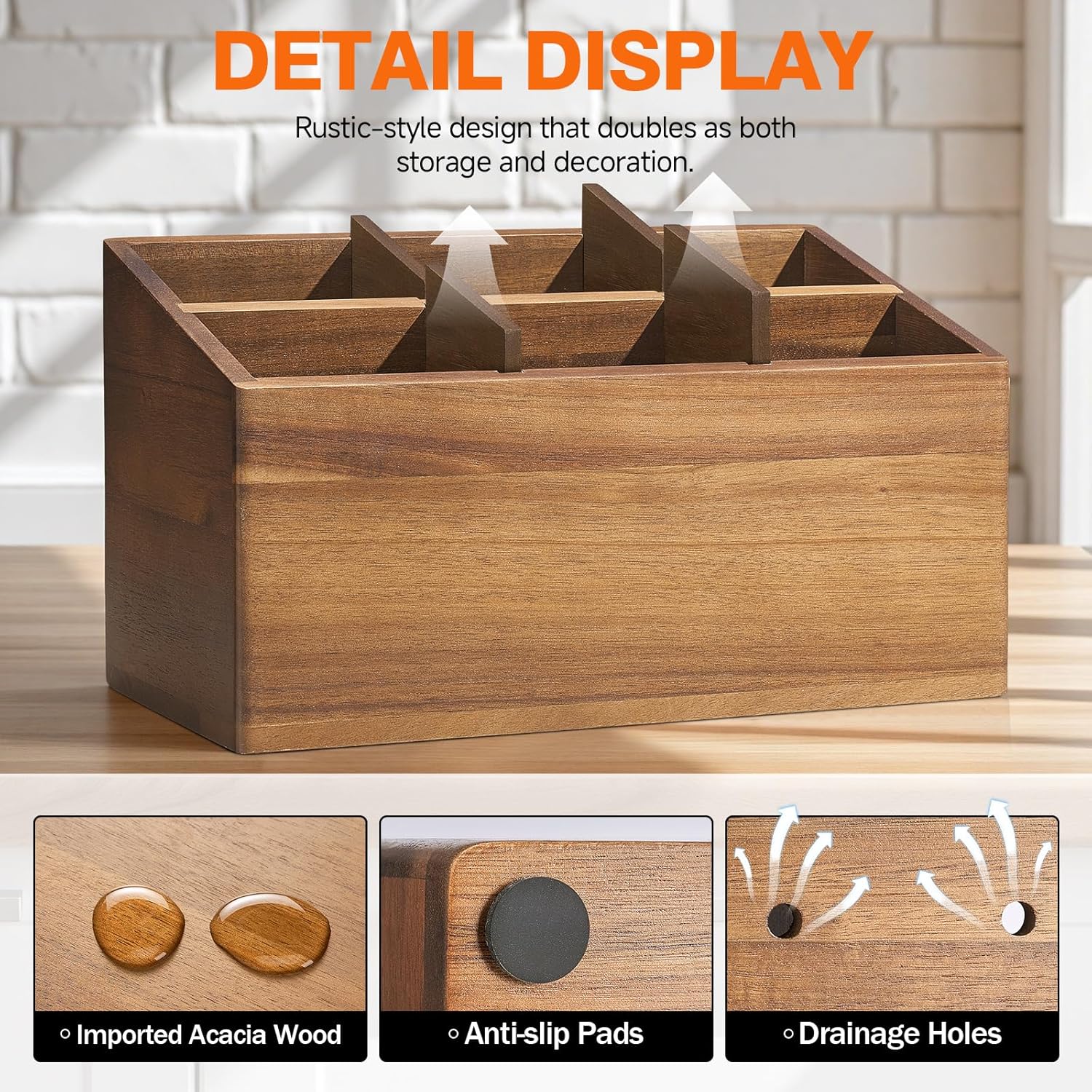 Wooden Utensil Holder Counter, Kitchen Utensil Organizer Large 6 Compartment Cooking Utensils Holder, Acacia Rustic Wood Farmhouse Storage Container Crocks for Silverware and Cooker Set