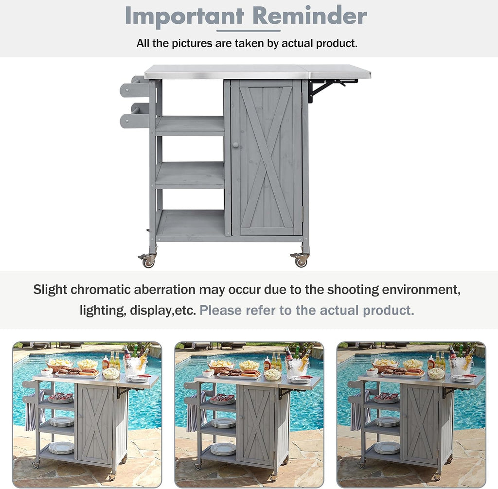 40 Sturdy Fir Wood Garden Table for Planting, Planter Bench with Foldable Top, Outdoor Storage Cabinets with Lockable Wheels for Patio Cooking, Grey