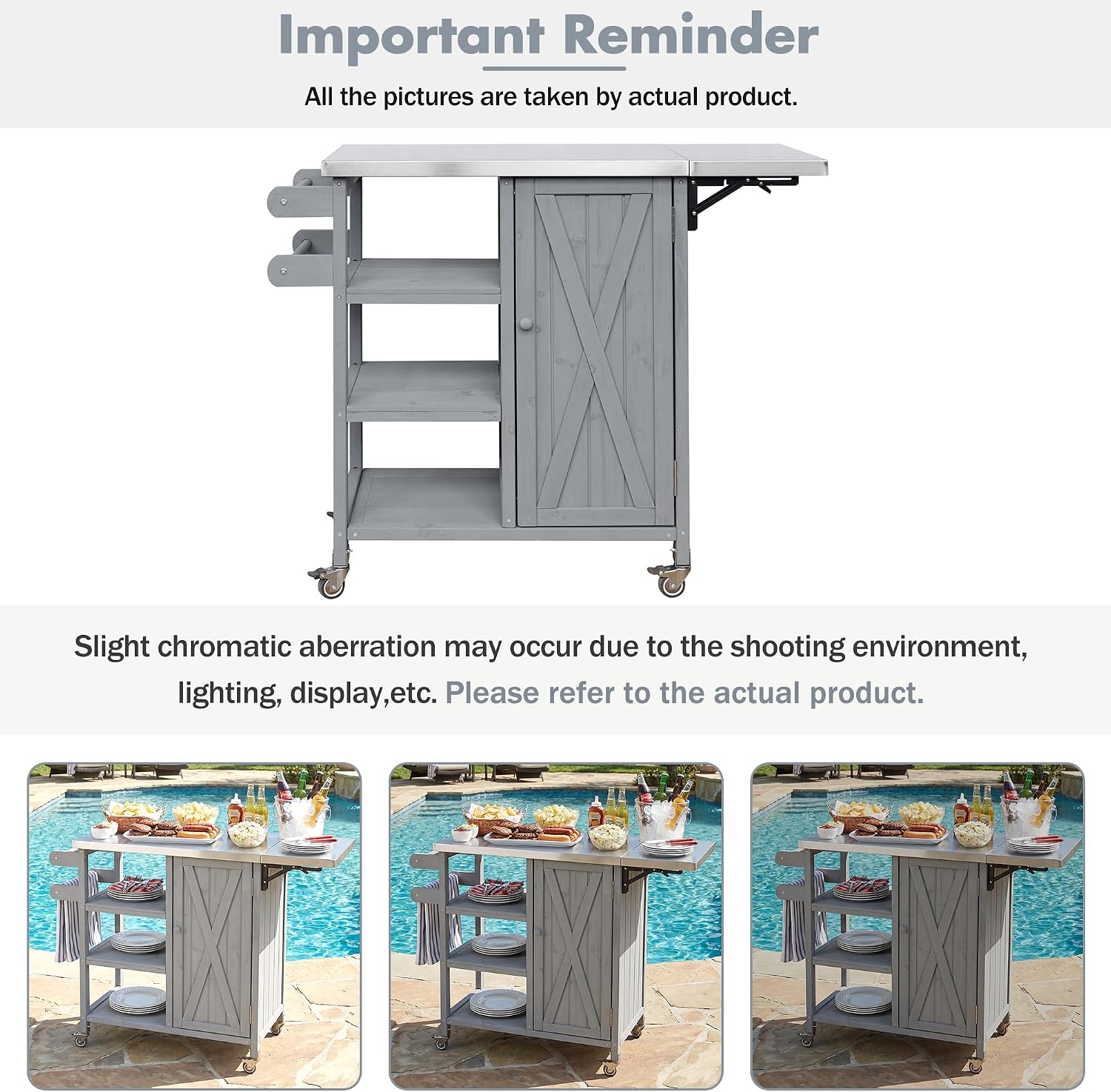 40 Sturdy Fir Wood Garden Table for Planting, Planter Bench with Foldable Top, Outdoor Storage Cabinets with Lockable Wheels for Patio Cooking, Grey