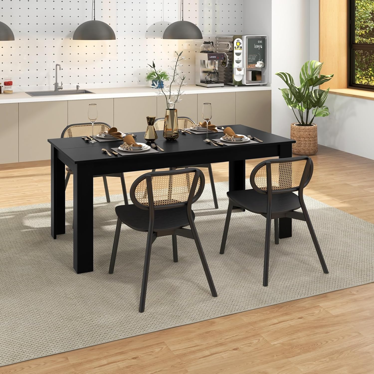 Giantex Dining Table for 6, Rectangular Kitchen Table with 330Lbs Capacity, Stable Structure, 63" L x 31.5" W x 30" H Large Farmhouse Center Tables for Dinner, Dinette, Dining Room, Black