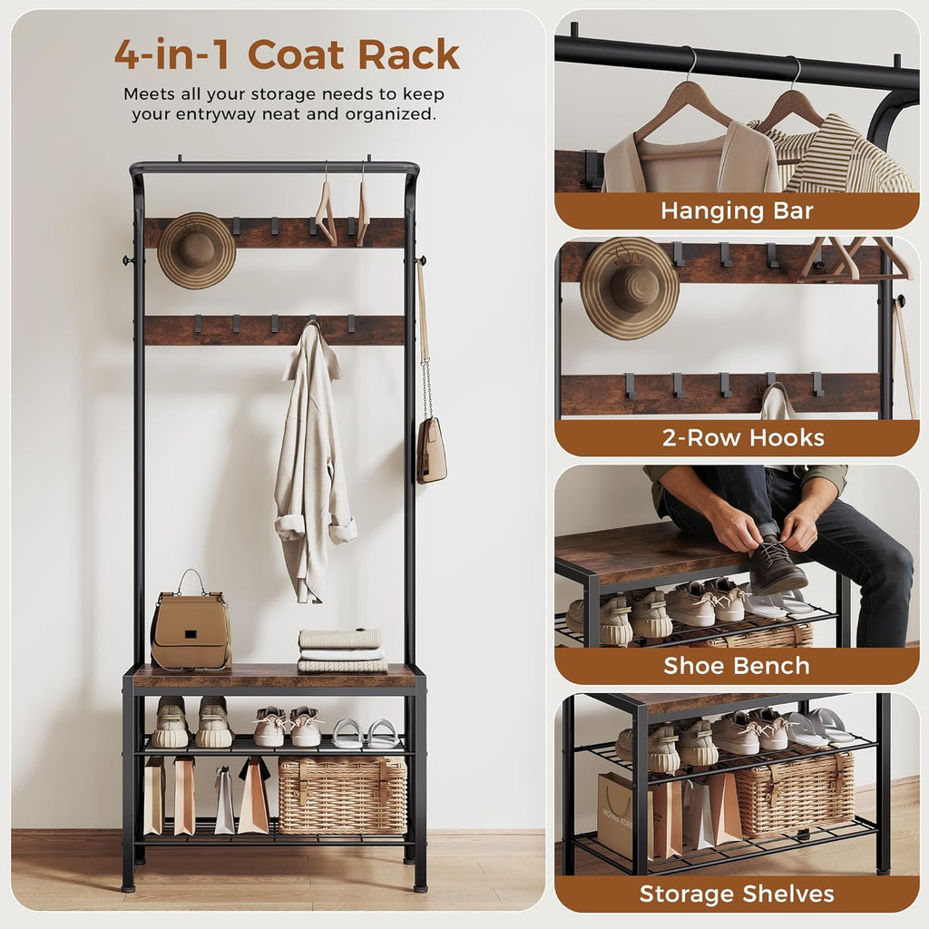 OLIXIS Hall Tree, Entryway Bench with Shoe Storage and Hooks, Shoe Bench and Coat Rack, 4-in-1 Coat and Shoes Rack for Entryway, Mudroom Storage Organizer with Shelves, Rustic Brown