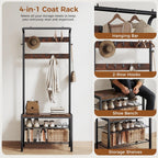 NEWBULIG Coat Rack, Hall Tree with Shoe Bench, 4-in-1 Entryway Organizer with 10 Hooks and Storage Shelf, Rustic Wood Entryway Bench for Mudroom, Living Room, Bedroom, Brown
