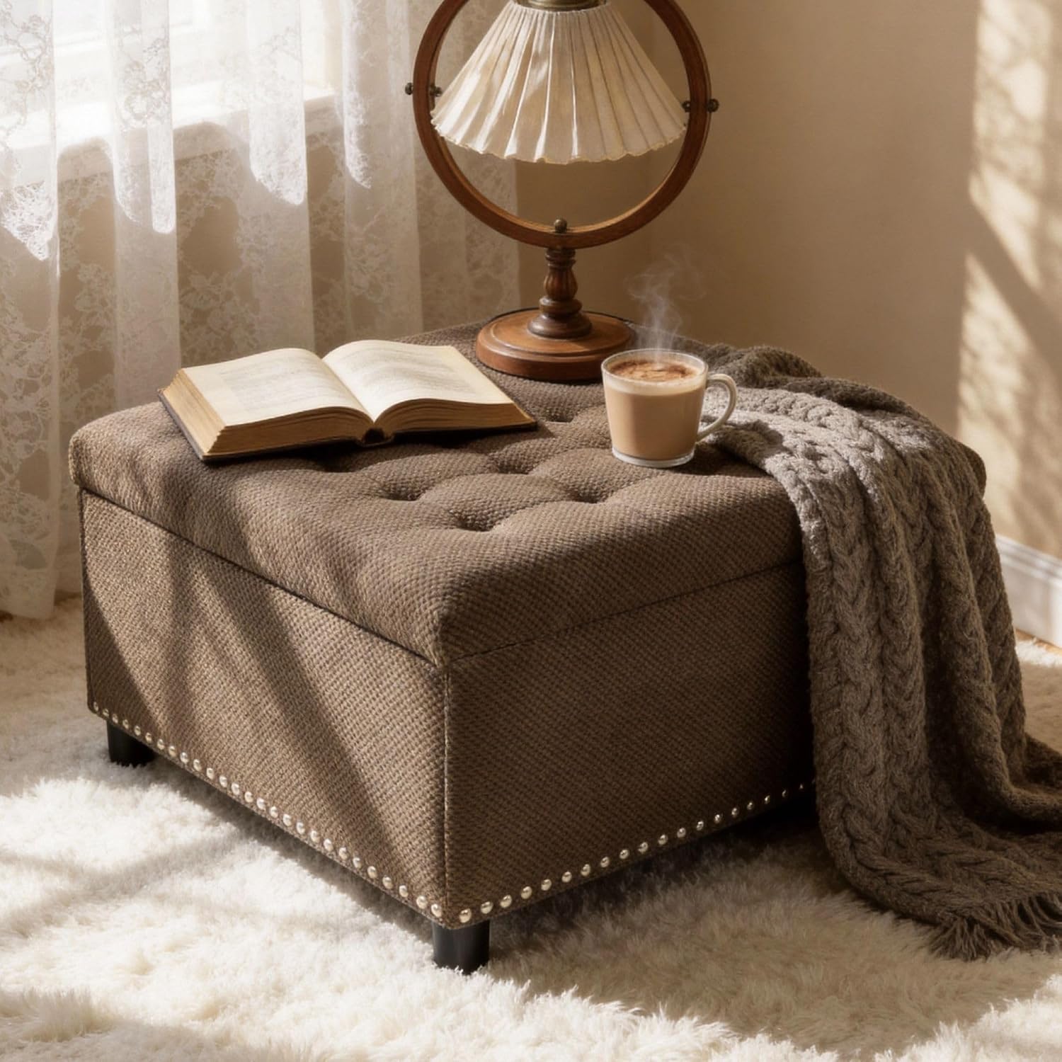 Square Ottoman with Storage, 30" Large Storage Ottoman Foot Rest Stool with Tufted Top and Nailhead Trim for Living Room, Bedroom, Entryway, Coffee Brown