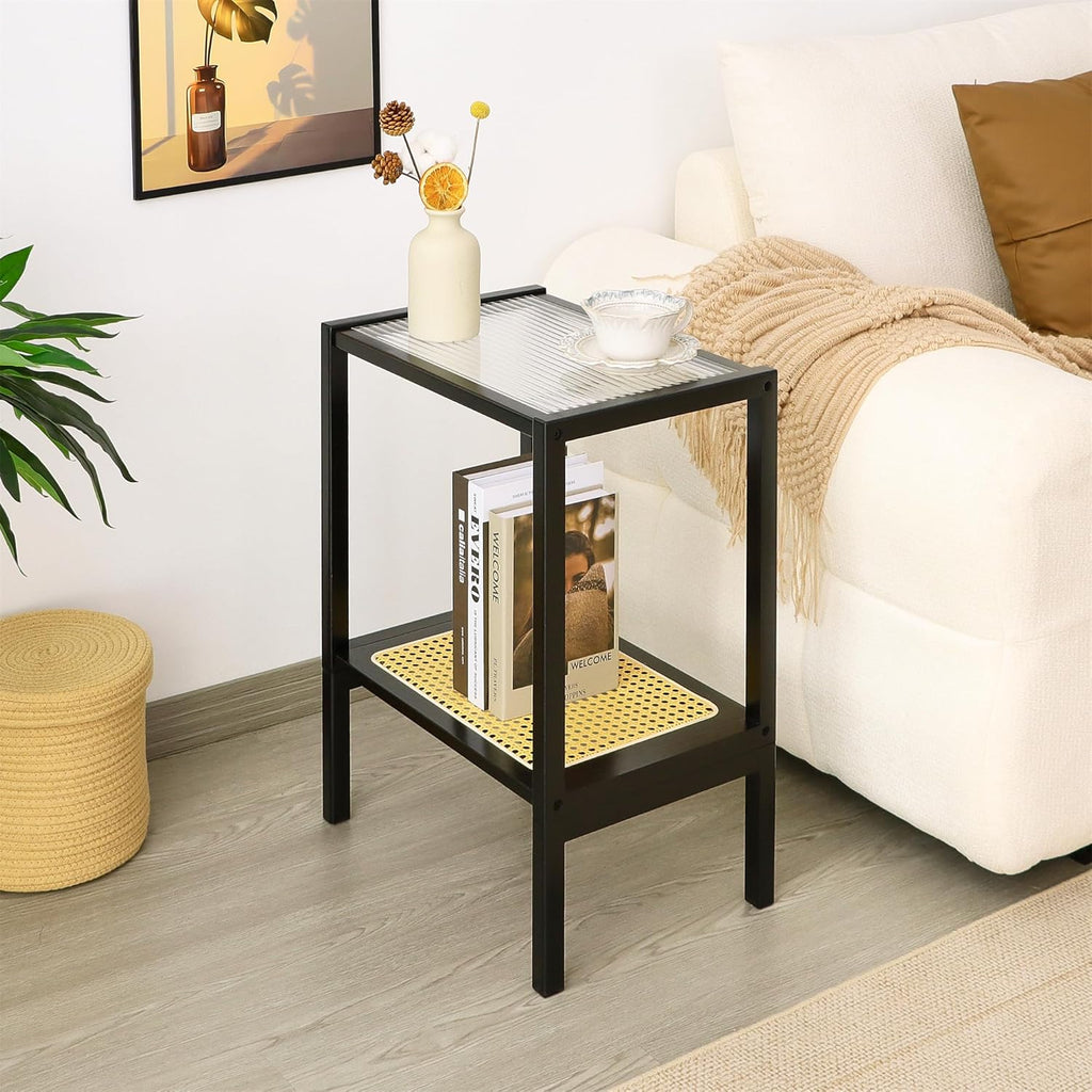 2-Tier Bamboo Side Table, Modern Glasstop Rattan Side Table, Mid Century Wood Sofa-Side End Tables for Living Room, Bedroom Night Stand with Storage, Small Narrow Coffee Tables, Black