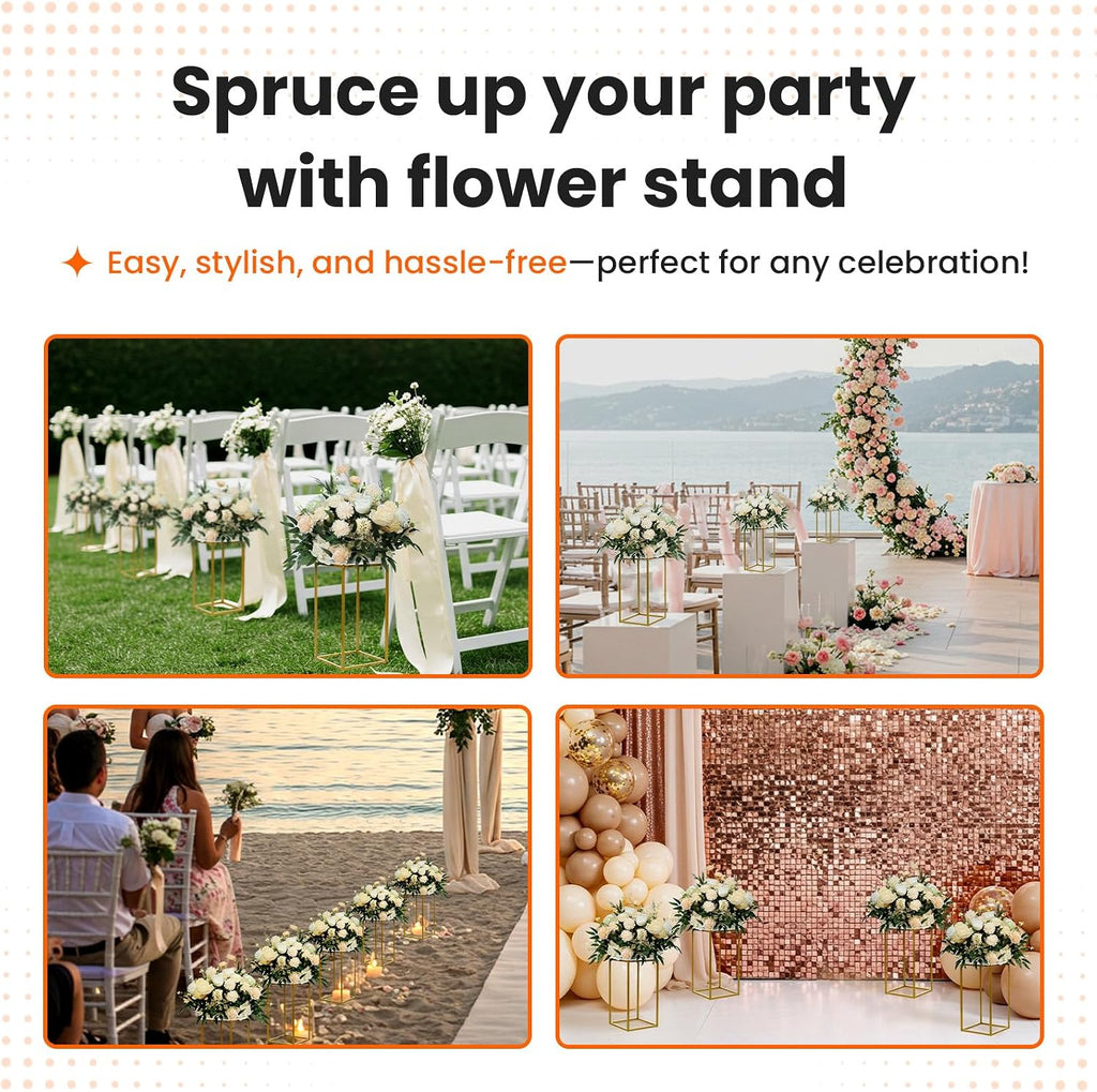YALLOVE 10 Pcs 15.75" Gold Wedding Flower Stand Metal Vase Column Stand Geometric Centerpiece Vase for Home Party Wedding Decorations, Rectangular Flower Display Rack