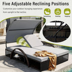 Outdoor Sun Lounger with Adjustable Backrest,Canopy, Patio Double Sunbed with Hidden Side Table and Arched Armrests,Suitable for Pool Deck,Garden,Backyard (Gray+Canopy)