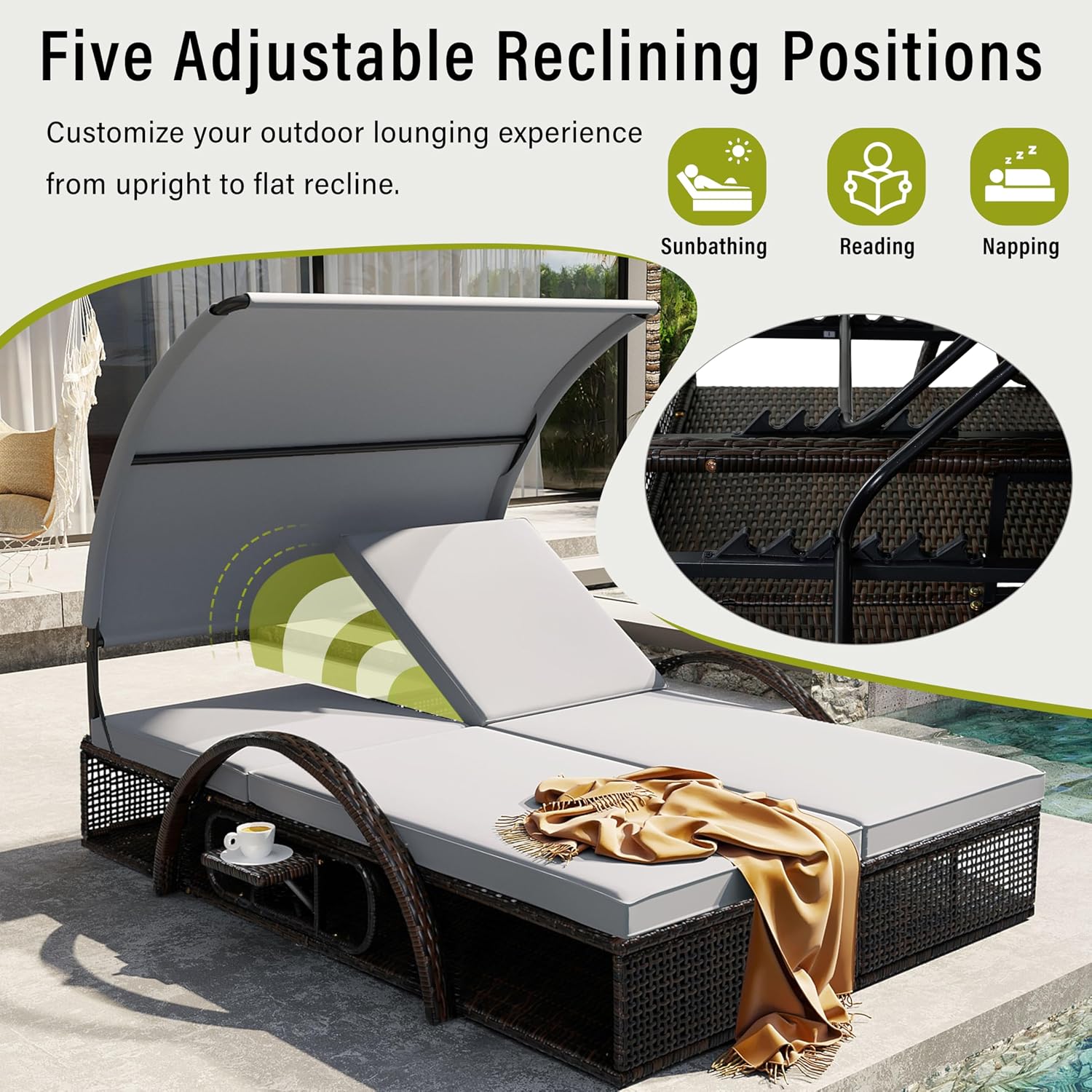 Outdoor Sun Lounger with Adjustable Backrest,Canopy, Patio Double Sunbed with Hidden Side Table and Arched Armrests,Suitable for Pool Deck,Garden,Backyard (Gray+Canopy)