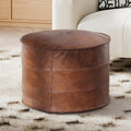 Genuine Leather Round Pouf Ottoman Footstool for Living Room, Bedroom, Indoor (Brown)