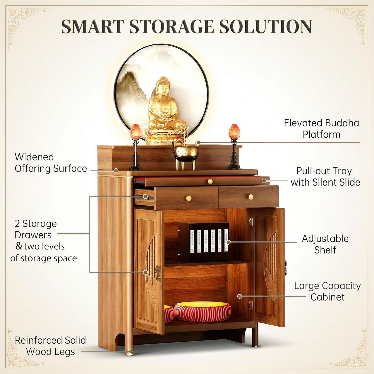 Buddhist Altar De Muertos De Madera Shrine, Solid Wood Frame Buddhist Altar Cabinet with Storage and Drawer, Chinese Buddha Niche Shrine Tables for Home, Office (39" L X 18" W X 49" H, Wood)