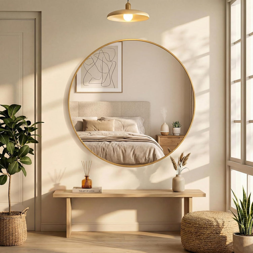 36 Inch Gold Round Bathroom Wall Mirror, Round Mirrors for Wall Decor, Circle Mirror for with HD Shatter-Proof Glass for Entryway, Living Room, Bedroom, Dressing Room, Home Decor