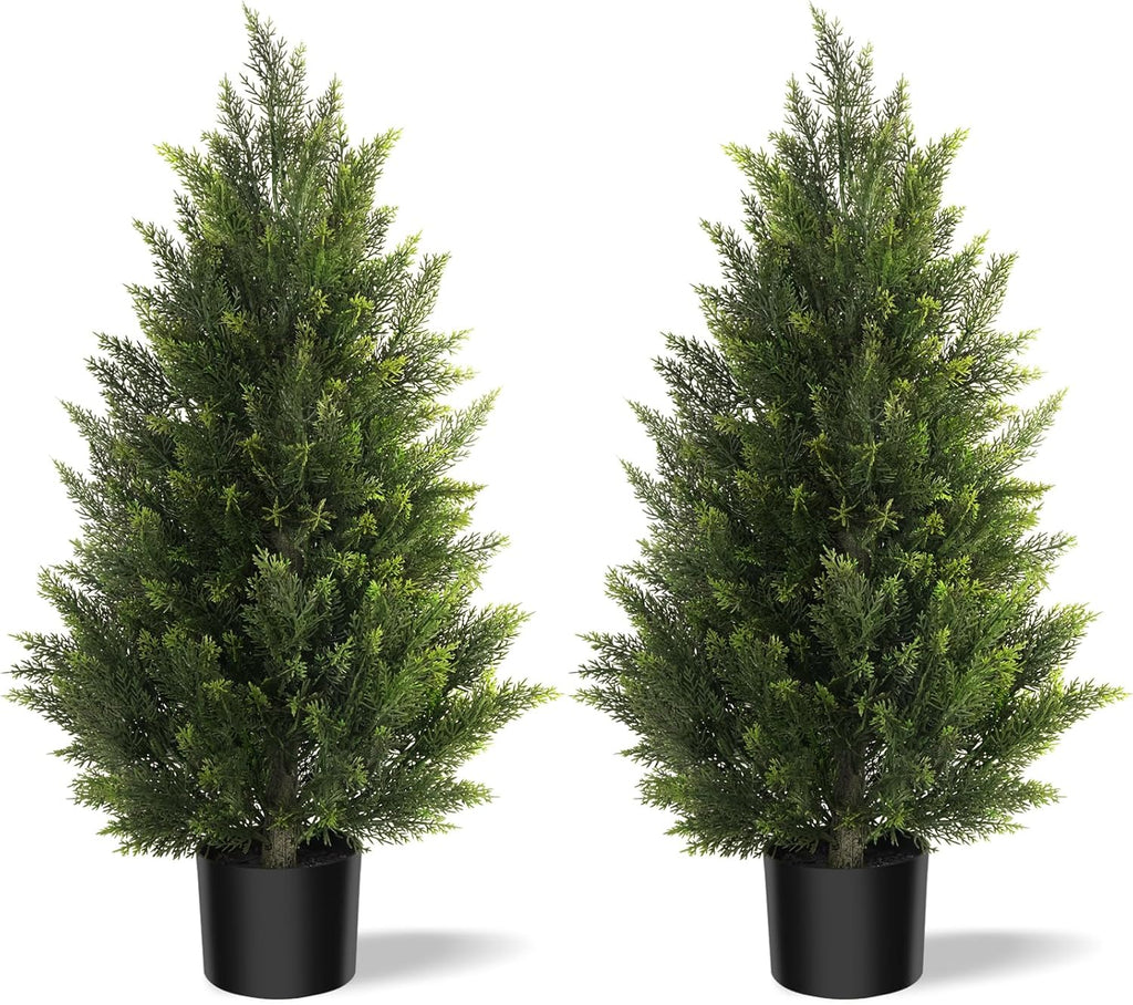 Vitalismo Outdoor Artificial Cedar Topiary Tree, Faux Evergreen Shrubs for Front Porch Decor, Lifelike Fake Bushes Plants for Home Living Room Front Door Decor (2, 3ft)