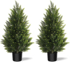 Vitalismo Outdoor Artificial Cedar Topiary Tree, Faux Evergreen Shrubs for Front Porch Decor, Lifelike Fake Bushes Plants for Home Living Room Front Door Decor (2, 3ft)