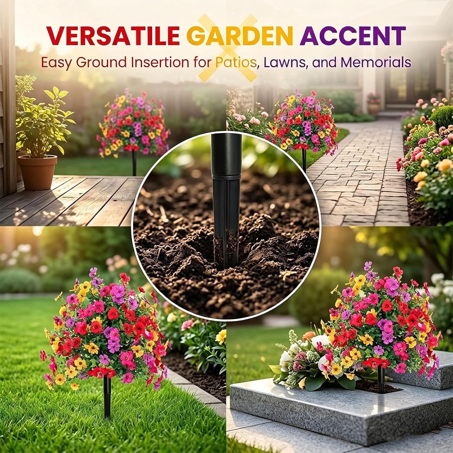 Artificial Petunias with Ground Stake, 18 Inch Artificial Flowers for Outdoors Stick in Ground, Lifelike Faux Flowers for Garden, Yard, Planter, Porch, Indoor Outdoor Home Decor (8 PCS)