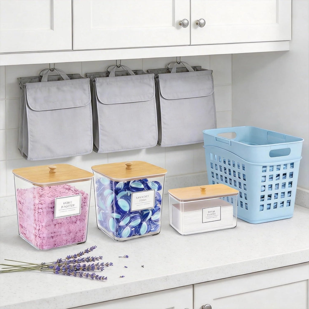 FUSHITON Laundry Pods Storage Container, 3+1 Clear Storage Bins with Bamboo Lids for Detergent Pods, Scent Beads & Dryer Sheets, Includes 16 Labels and 3 Measuring Scoops