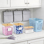 FUSHITON Laundry Pods Storage Container, 3+1 Clear Storage Bins with Bamboo Lids for Detergent Pods, Scent Beads & Dryer Sheets, Includes 16 Labels and 3 Measuring Scoops