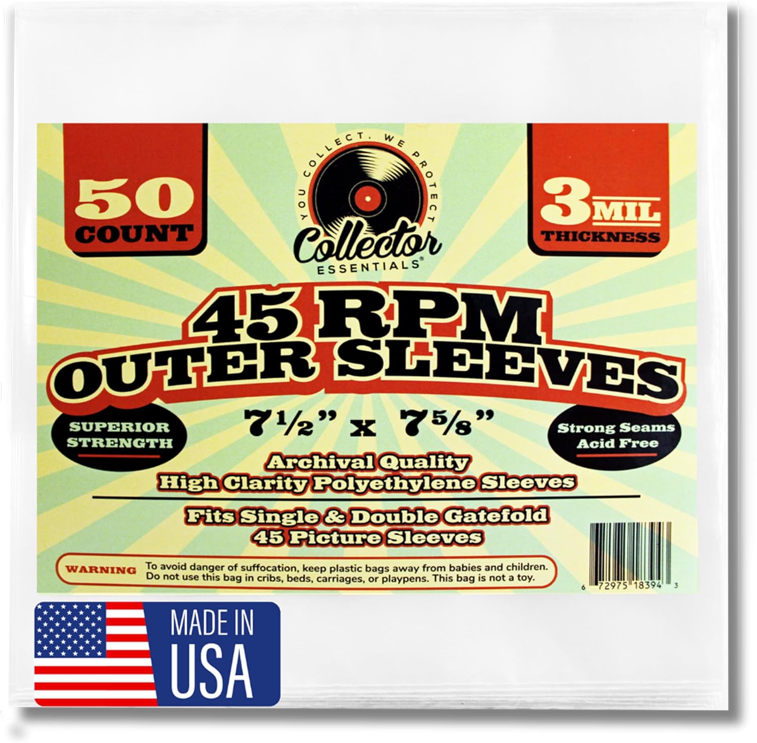 100-Pack 45 RPM Vinyl Record Outer Sleeves 7 Inch Clear Protective Bags