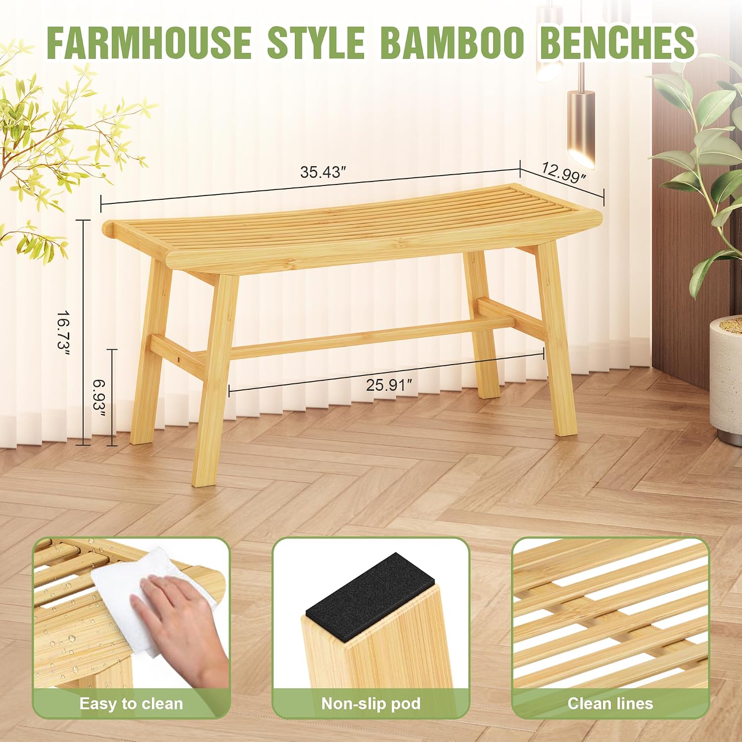 Bamboo Dining Bench Indoor Long Bench Sturdy & Comfortable Indoor Storage Bench Durable Slat Woven Design Modern Entryway Seating for Hallway (Nature, 1 Tier)
