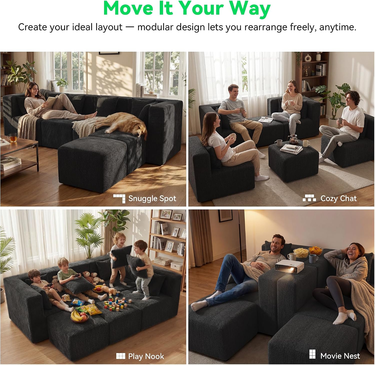 MONVANE 130'' Oversized Boneless Sectional Couches for Living Room, 6-Seat U Shaped Cloud Couch, Modular Sofa with Ottoman & 6 Throw Pillows, Comfy Chenille, No Assembly Required, Black