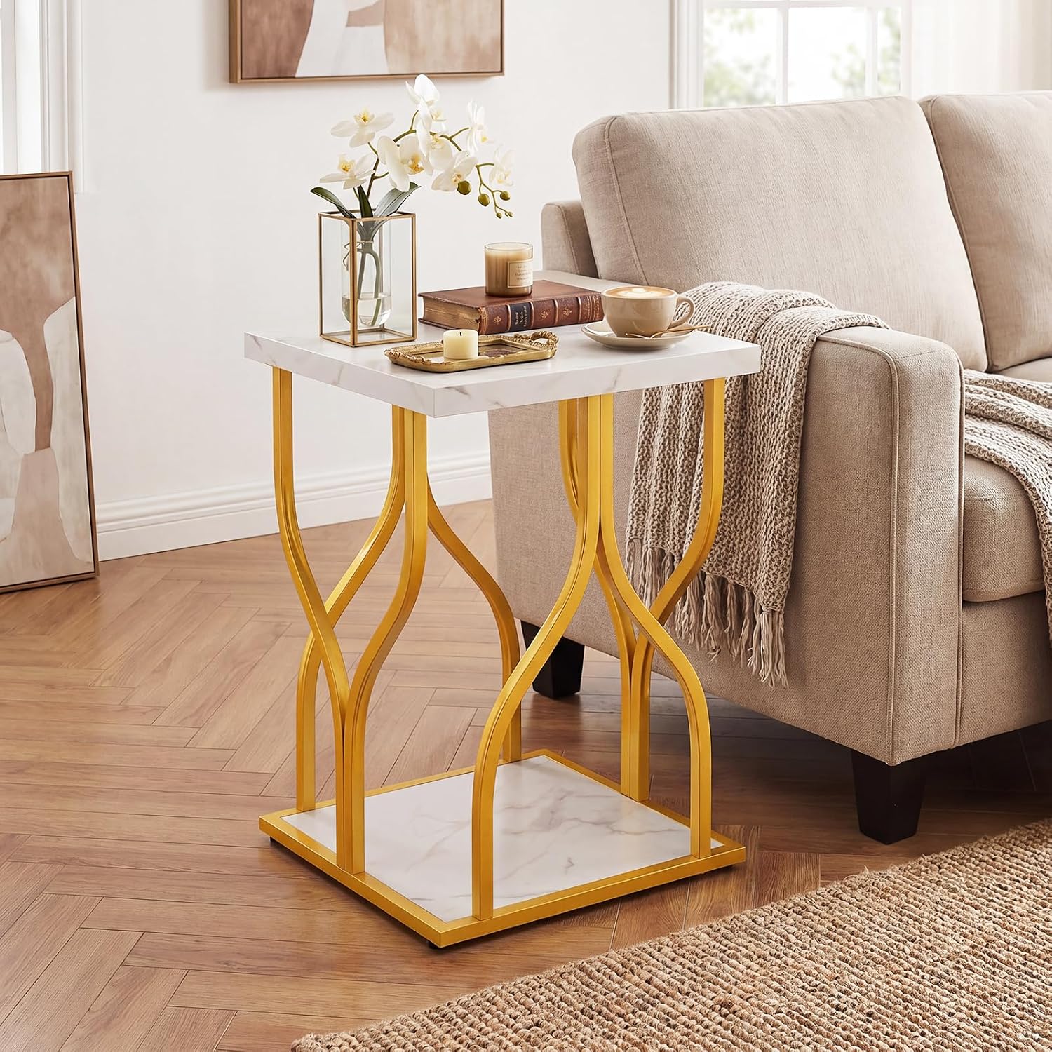 Giantex 2-Tier End Table, Faux Marble Bedside Night Stand with Storage Shelf & Gold Petal-Inspired Geometric Metal Frame, Modern Couch Sofa Side Table for Living Room Bedroom Small Spaces (1)