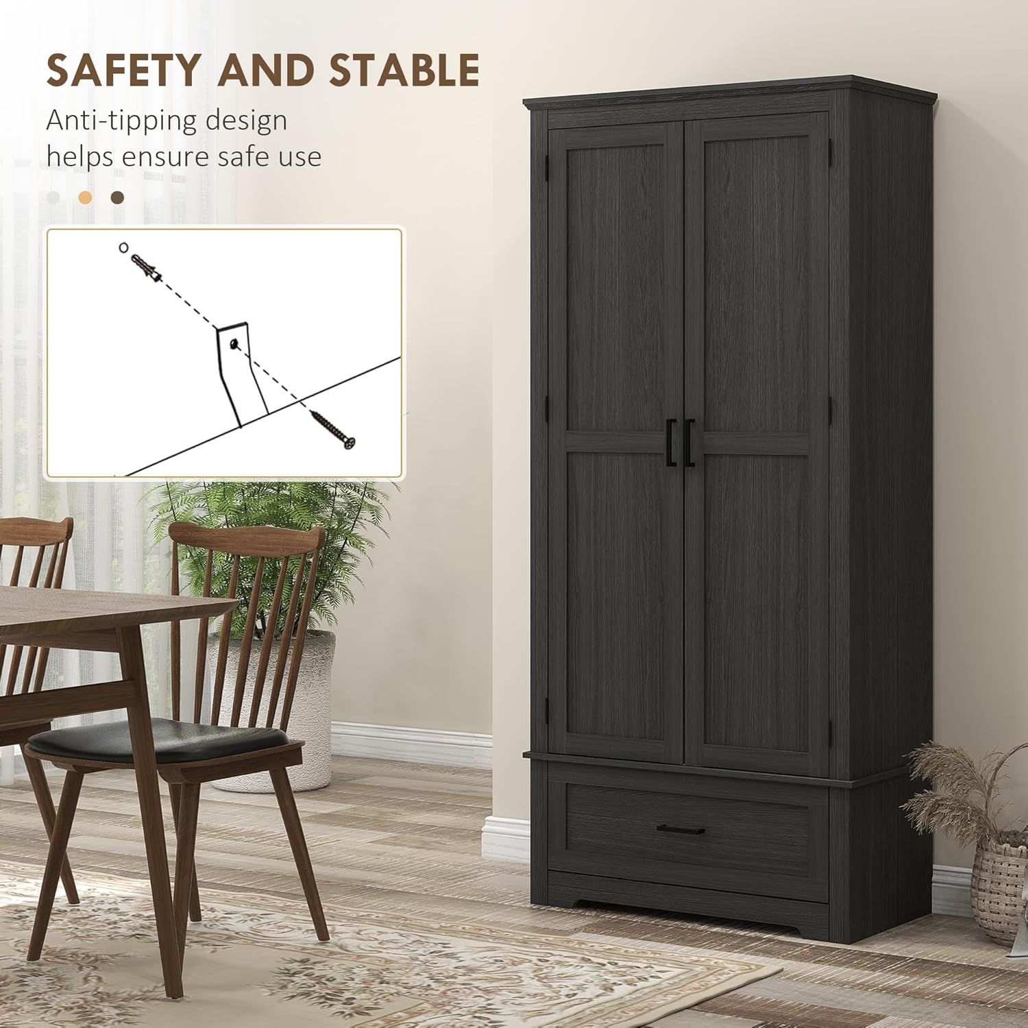 69" Tall Kitchen Pantry Storage Cabinet, Farmhouse Freestanding Pantry Cabinet with 2 Doors, Drawer and Adjustable Shelves for Dining Room, Black,15.7 * 31.5 * 68.9