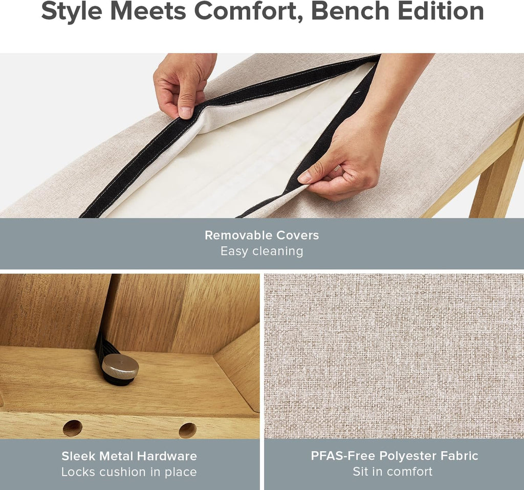 mopio Logan Upholstered Beige Dining Bench, Modern Farmhouse Solid Wood with Light Wire Brush for Dining Room and Kitchen (64" Dining Bench)