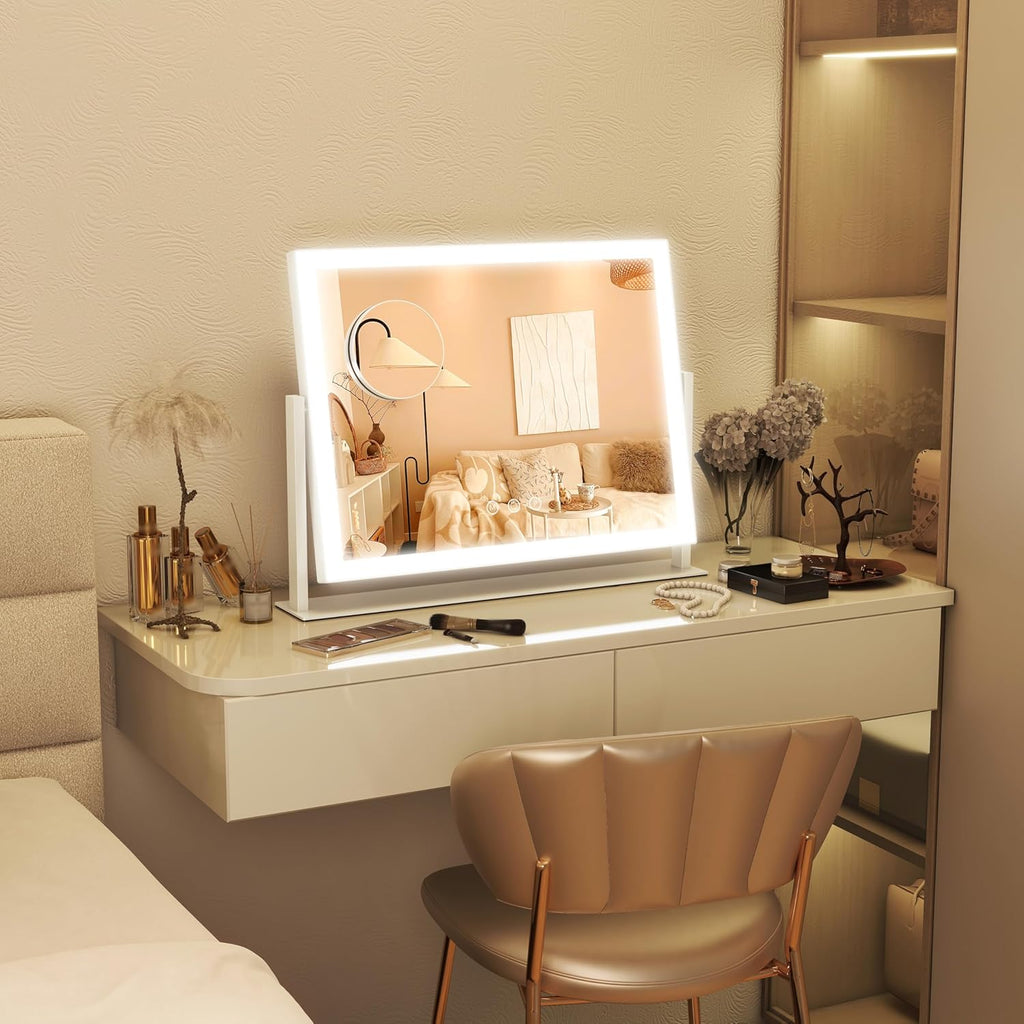 FENNIO Vanity Mirror with Lights 13'' x 17'' Makeup Mirror with Lights,Vanity Mirror Touch Screen with 3-Color Lighting,Dimmable,for Vanity Desk Bedroom White