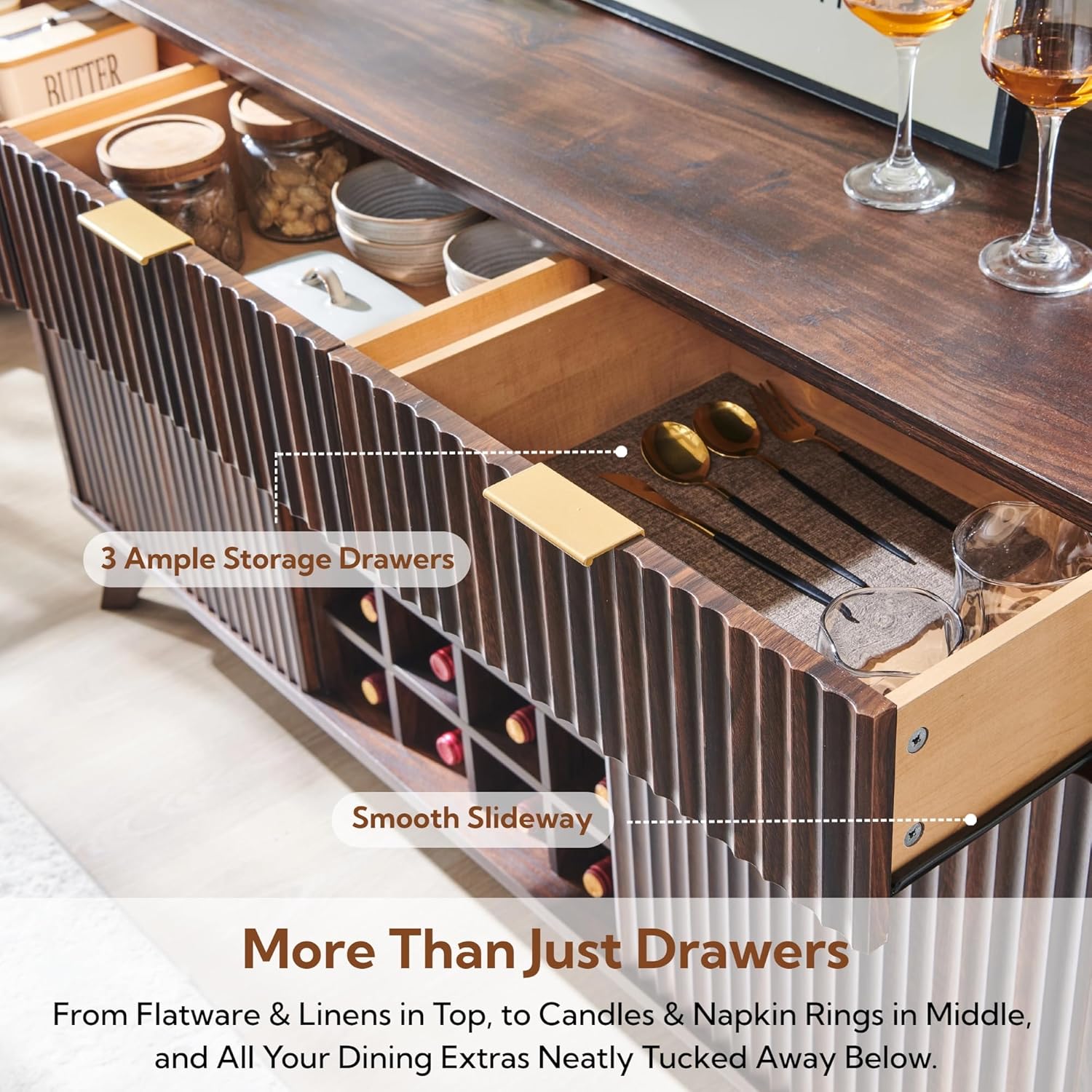 OKD Fluted Wine Bar Cabinet, 60" Wide Modern Buffet Sideboard with Ample Storage - 2 Side Cabinets, 3 Drawers, 4 Glass Holders & 12 Wine Racks, Coffee Bar Cabinet for Kitchen, Dining Room, Dark Walnut