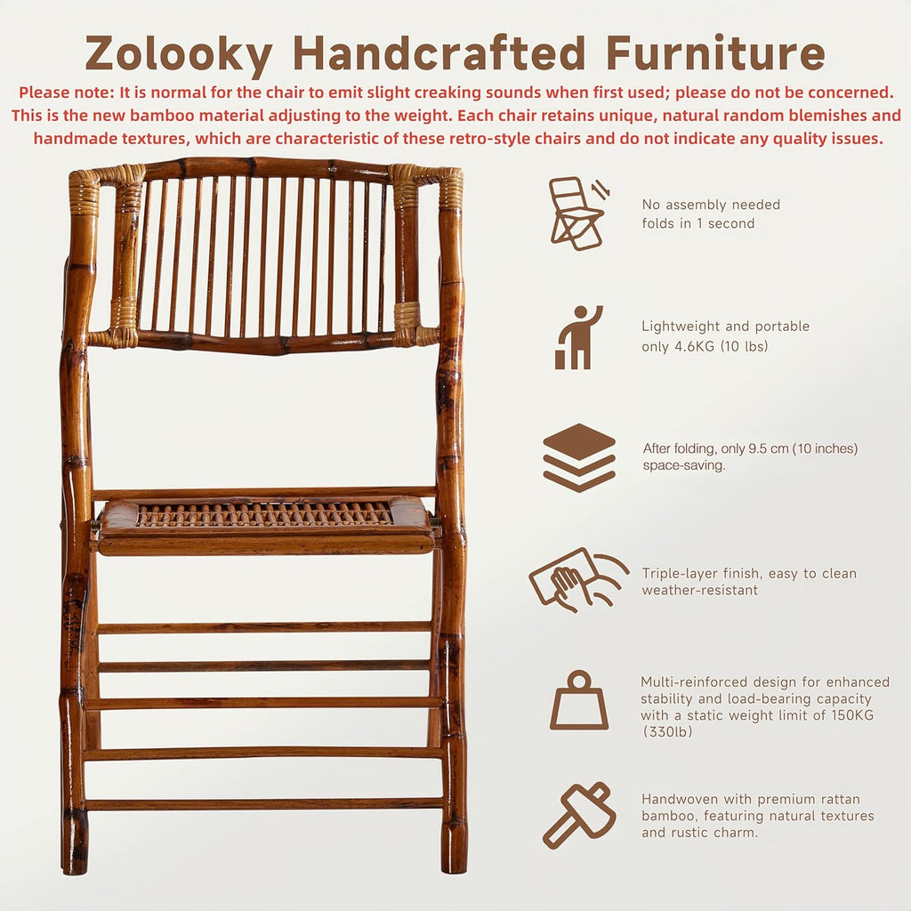 Bamboo Folding Chair, Completely Upgraded Foldable Vintage Dining Chair with 330lb Handcrafted for Living Room Patio Garden Balcony Indoor/Outdoor (1, Antique Brown)