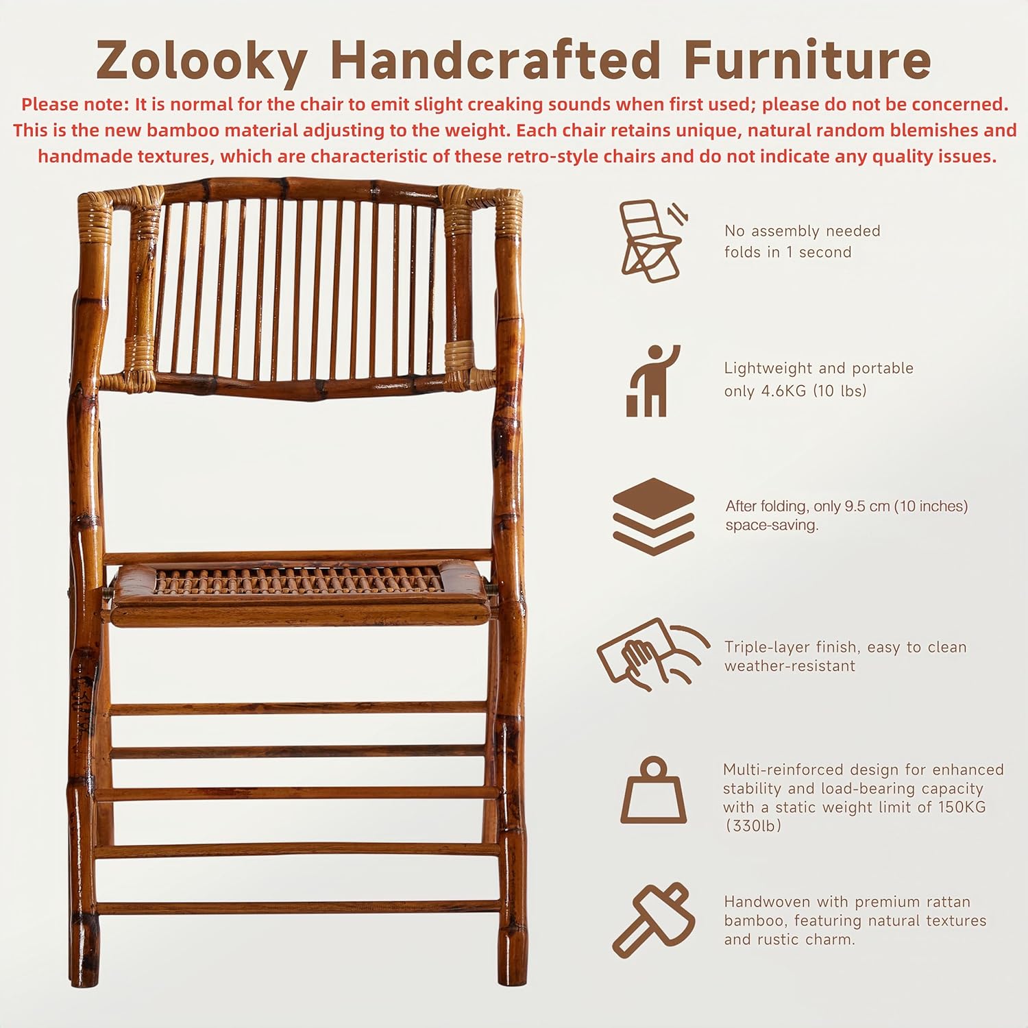 Bamboo Folding Chair, Completely Upgraded Foldable Vintage Dining Chair with 330lb Handcrafted for Living Room Patio Garden Balcony Indoor/Outdoor (1, Antique Brown)