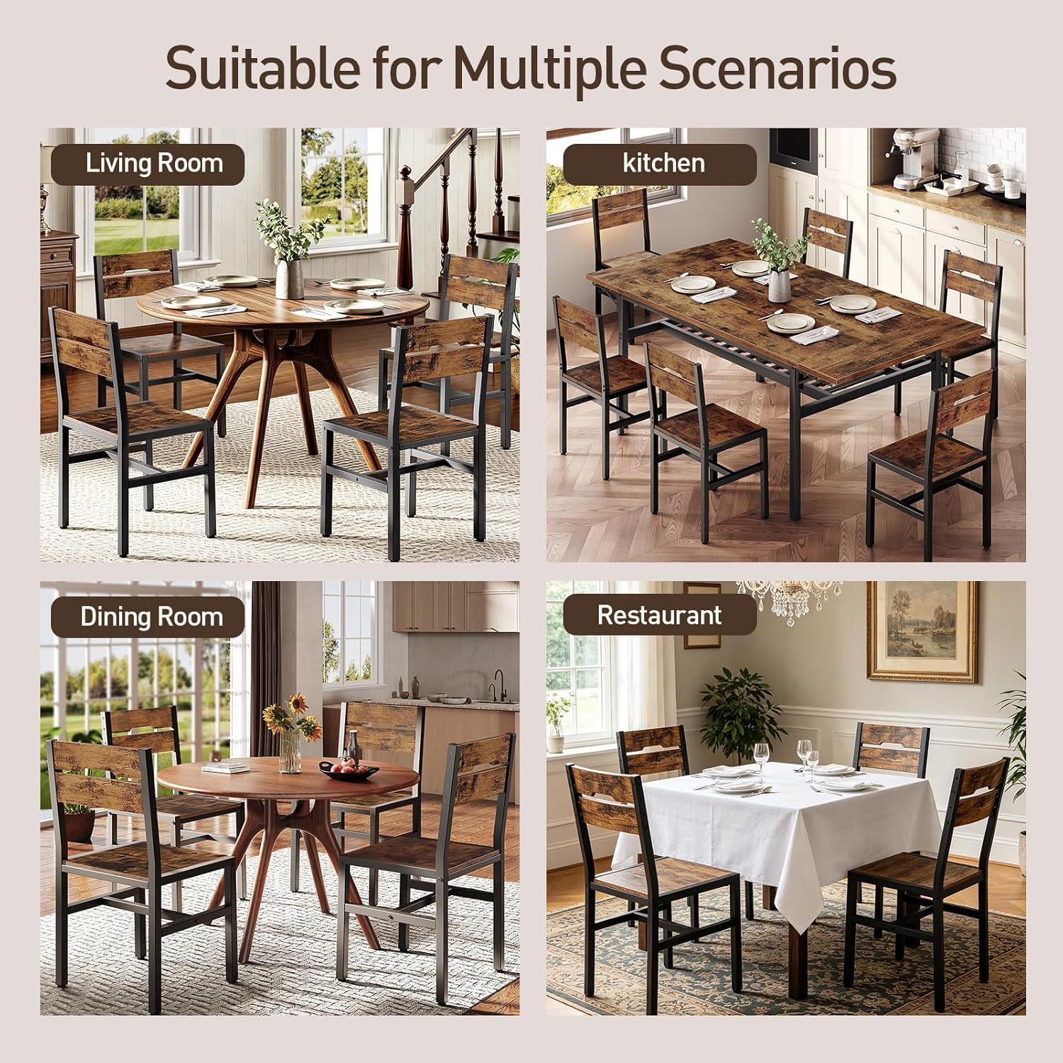 RALGEND Dining Chairs Set of 4, Rustic Wooden Kitchen Chairs with Backrests and Metal Frame, Modern Farmhouse Dinner Chairs for Kitchen, Easy Assembly, Living Room, Dining Room, Rustic Brown and Black