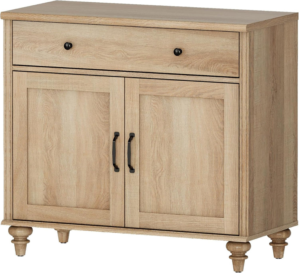 WAMPAT 34’‘ Oak Buffet Cabinet with Doors and Drawer, Wood Kitchen Storage Cabinet Modern Farmhouse Coffee Bar Table Sideboard Credenza for Dining Room