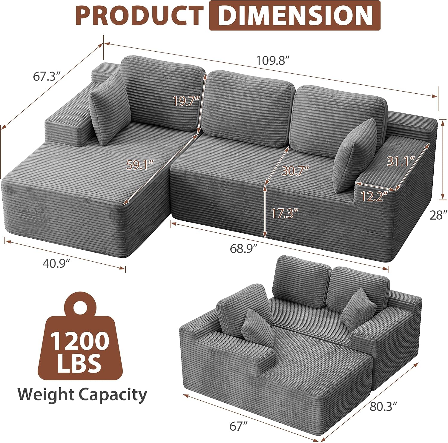Homall 108" Modular Sectional Sofa, Boneless Couch with L-Shape Chaise, Cloud Couch with Deep Seat Upholstered, No Assembly Required for Living Room, Bedroom (Corduroy, Grey)