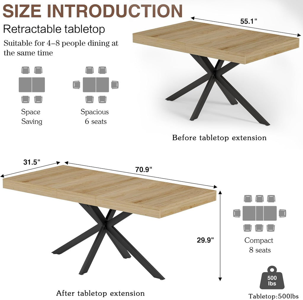 MECHYIN 55''-70.9'' Extendable Dining Room Table for 4-6-8, Rectangle Expandable Dining Table with Removable Leaves Space Saving, Kitchen Table with Hidden Storage for Kitchen Dining Room Office,Oak