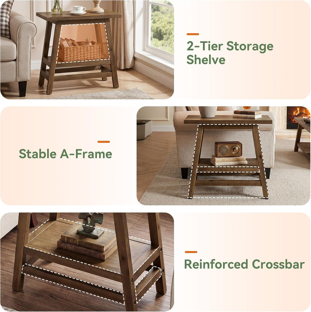 Solid Wood End Table, 2-Tier Small Side Table with Stable A-Frame, Farmhouse Narrow Nightstand, Rectangular Slim Accent Bedside Furniture for Small Spaces, Living Room, Bedroom