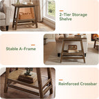 Solid Wood End Table, 2-Tier Small Side Table with Stable A-Frame, Farmhouse Narrow Nightstand, Rectangular Slim Accent Bedside Furniture for Small Spaces, Living Room, Bedroom