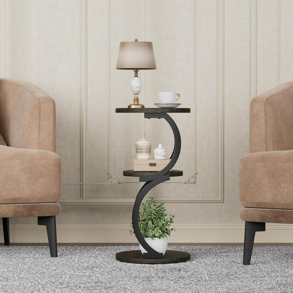 JUSTOGO Small Round Side Table, 3-Tier End Table for Living Room, Vintage Nightstand for Small Spaces Sofa Couch Corner Bedside Bedroom, S-Shaped Wood Accent Table Matel Coffee Table, Charcoal Grey