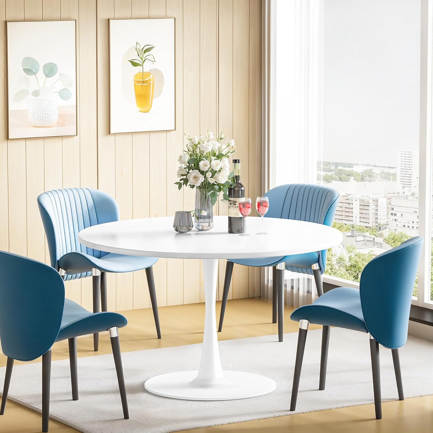 DKLGG White Round Dining Table, 39.1" Tulip Kitchen Dining Table for 4-5 People with MDF Table Top & Pedestal Base, Mid-Century End Living Room Table