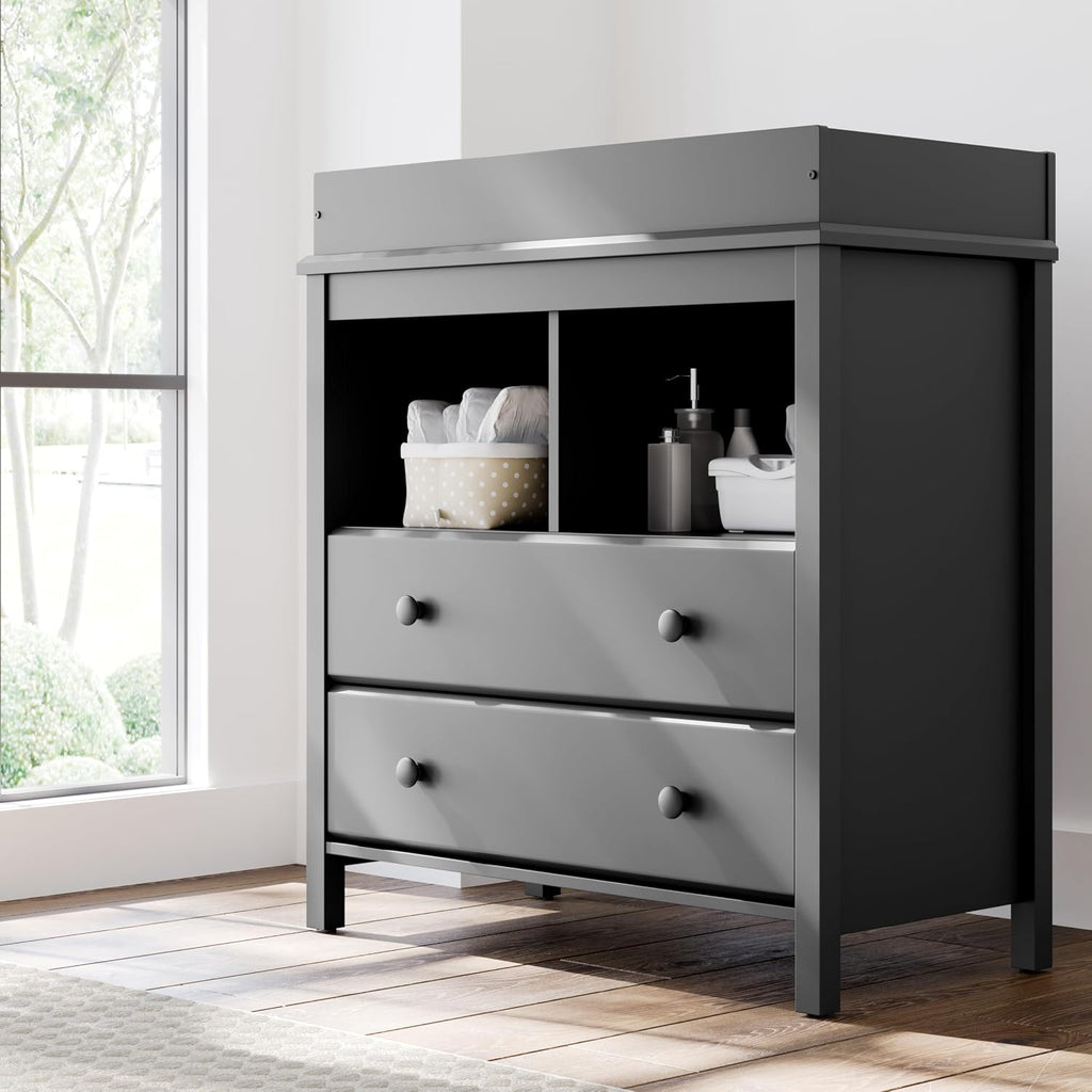Storkcraft Alpine 2 Drawer Changing Table Chest, Gray | GREENGUARD Gold Certified, Dresser for Nursery, Changing Table with Drawers, Removable Changing Table Topper