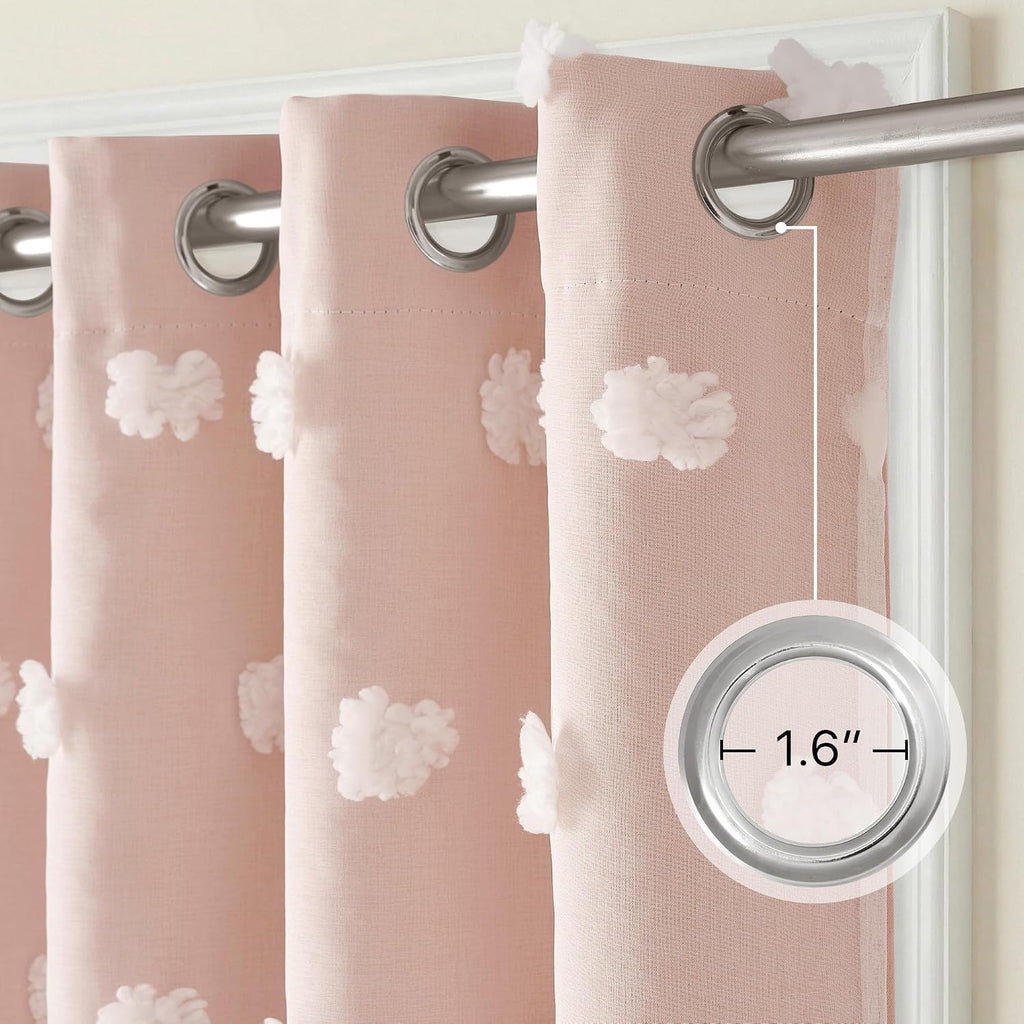 NICETOWN Pom Pom Pink Curtains for Kids Room 84 inches Long, Room Darkening Double Layer Sheer Thermal Drapes Grommet Window Treatments for Girls Bedroom/Nursery, W52 x L84, 2 Panels