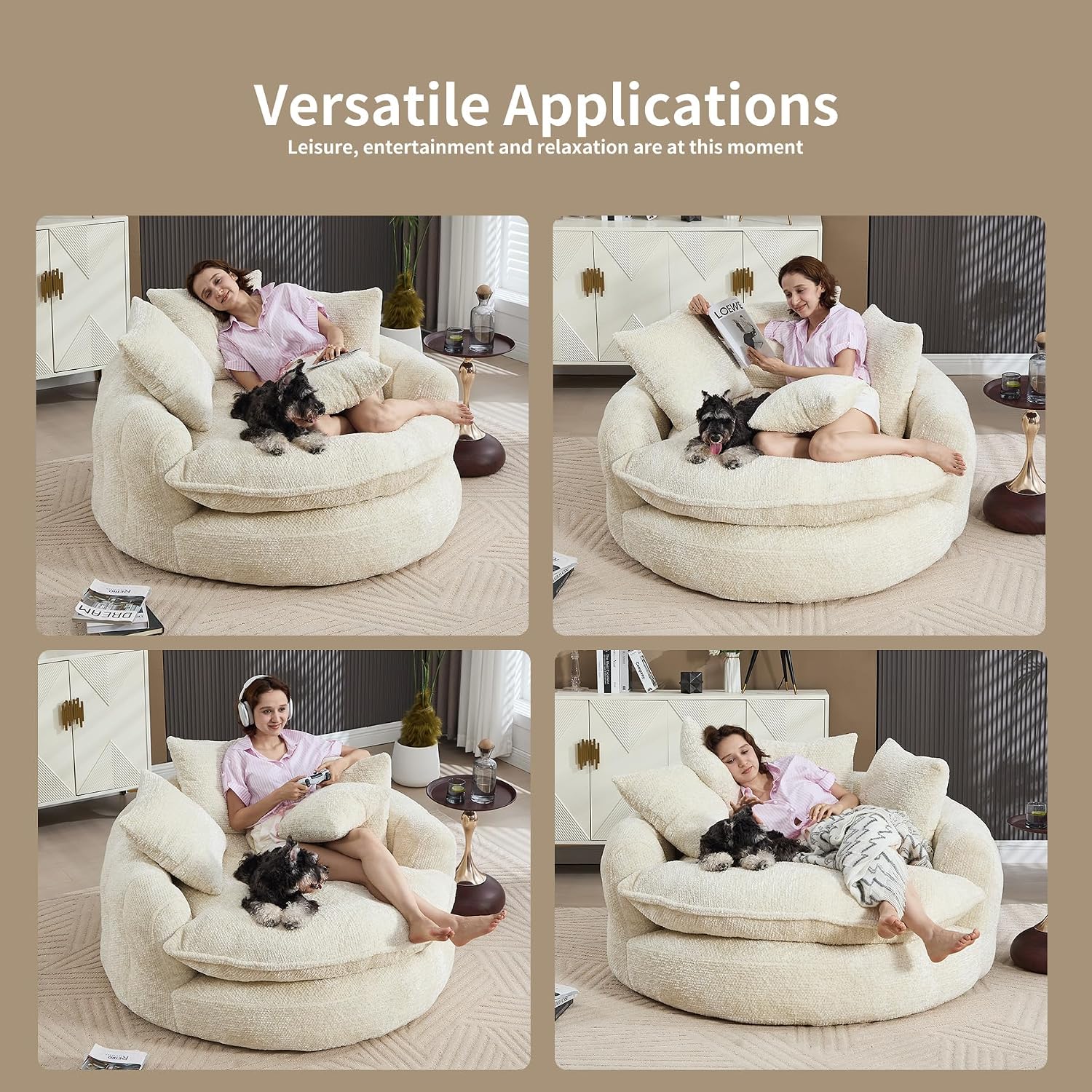 55 inch Oversized Round Chair, Fluffy Chenille Boneless Sofa with Extra Deep Seat for Living Room Lounge (Beige)