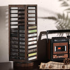 FARM IN Cassette Tape Storage, 360-Degree Rotatable Design Farmhouse Style Cassette Rack Tower, Double-Sided 28-Slot, Rustic Solid Burnt Wood & Diamond Metal Wire Mesh