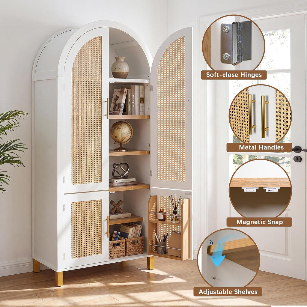 71" Tall Arched Cabinet with Rattan Doors & Adjustable Shelves, White | 4-Door Modern Farmhouse Storage Cabinet with Built-in Racks – Versatile Organizer for Kitchen, Dining Room, Study, Sturdy MDF