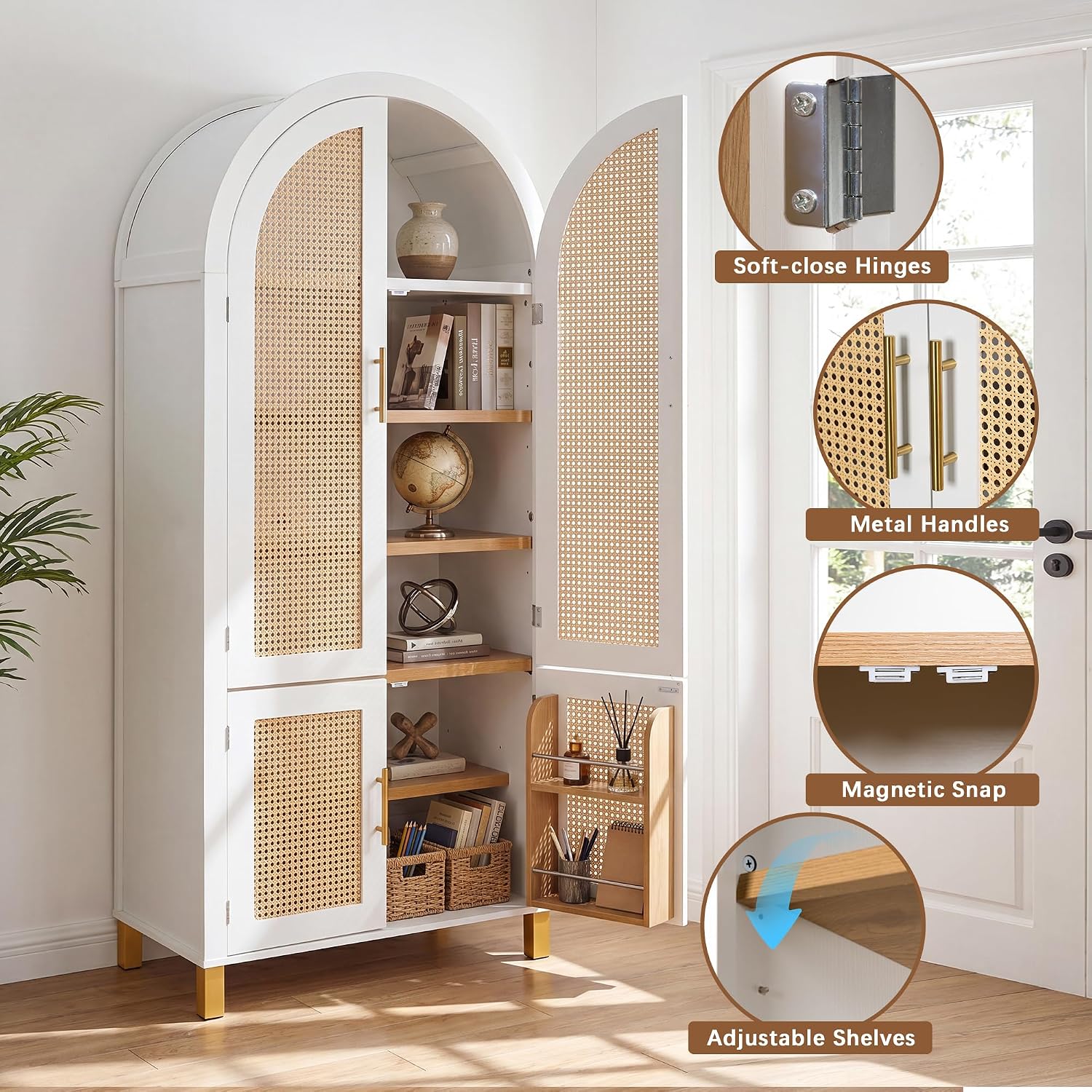 71" Tall Arched Cabinet with Rattan Doors & Adjustable Shelves, White | 4-Door Modern Farmhouse Storage Cabinet with Built-in Racks – Versatile Organizer for Kitchen, Dining Room, Study, Sturdy MDF