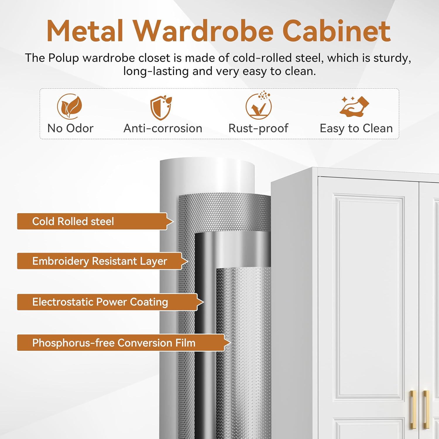 Polup Metal Armoire Wardrobe Closet, 71" Tall White Wardrobe Cabinet with 2 Doors, Hanging Rod and Adjustable Shelves, Steel Clothing Storage Cabinet for Bedroom, Home, Employee, Gym, Office