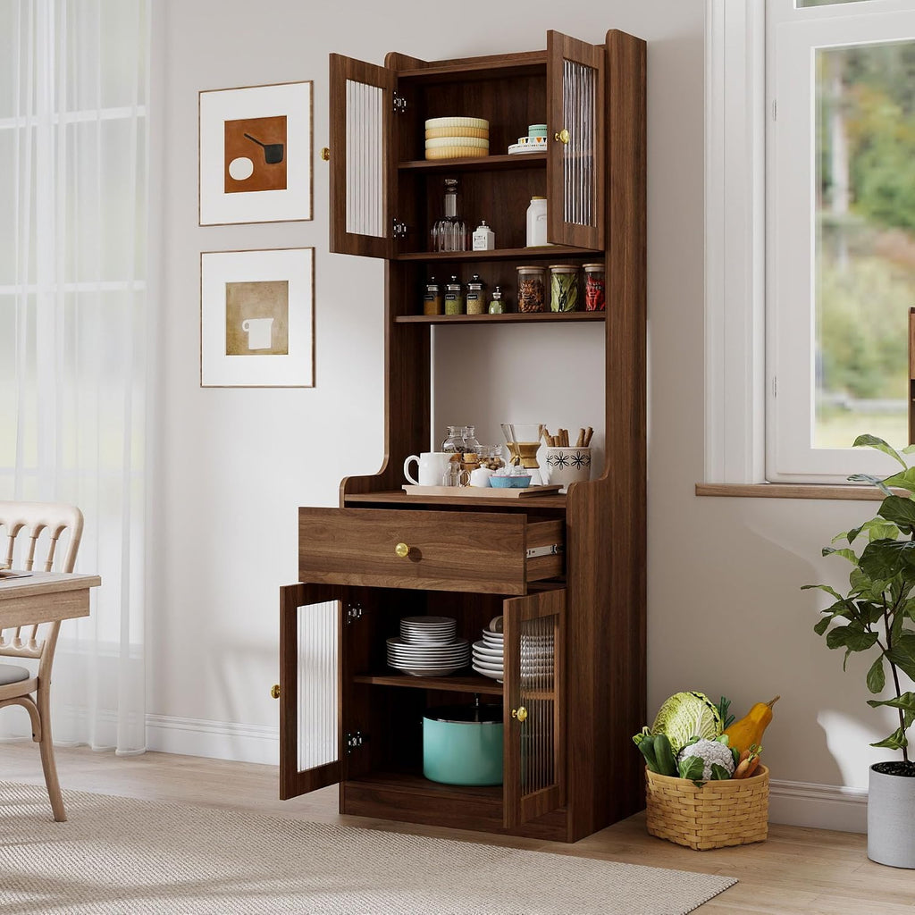 71 Inch Kitchen Hutch Storage Cabinet with Countertop, Farmhouse Coffee Hutch Cabinet Bar with Storage, Buffet Hutches and Cabinets with Microwave Stand | Glass Door for Dining Room
