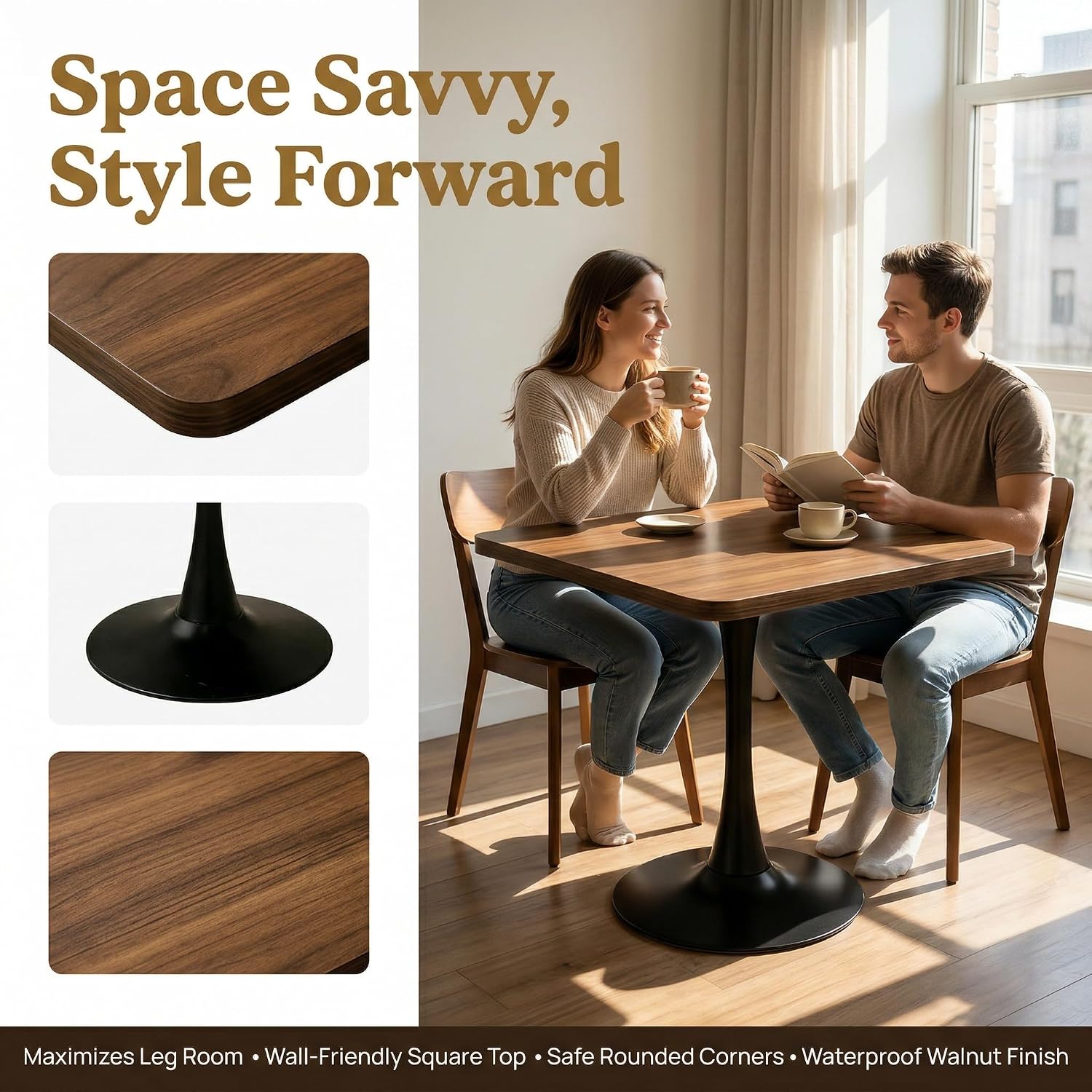 27.6" Square Dining Table, Modern Tulip Pedestal Table with Smooth MDF Square Tabletop & Metal Base, 2-4 Seater Compact Coffee Table for Small Kitchen, Leisure Table for Breakfast Nook, Walnut