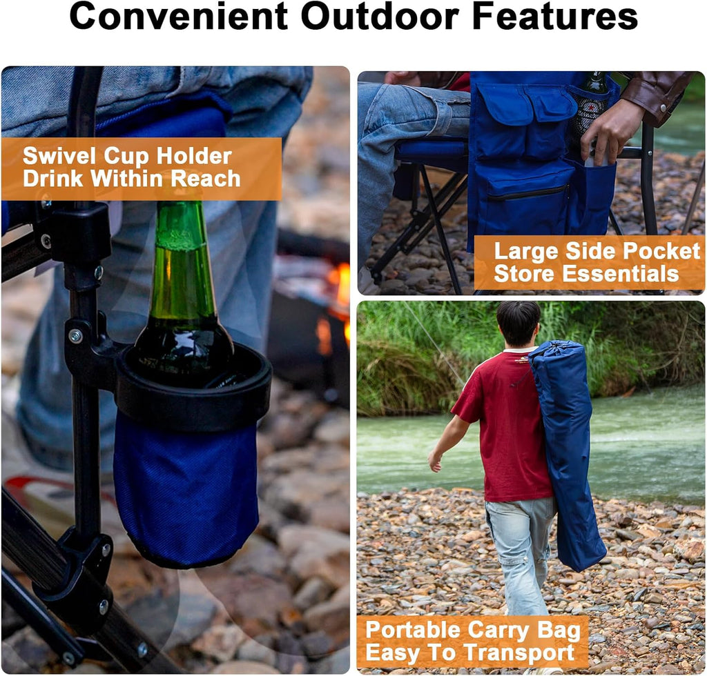 Oversized Camping Chair 2 Pack with Metal Hard Handle, Heavy Duty Folding Camp Chairs with High Back Support, Up to 500lbs Portable Outdoor Chairs for Beach, Tailgating, Blue