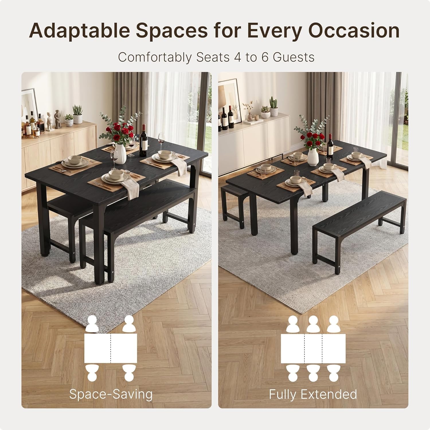 Ahomly 63“ Large Extendable Dining Table Set for 4-6 with 180° Smart-Flip Pivot, Kitchen Table Set with Bench, Dining Room Table with Metal Frame & MDF Board, Perfect for Small Space, Black
