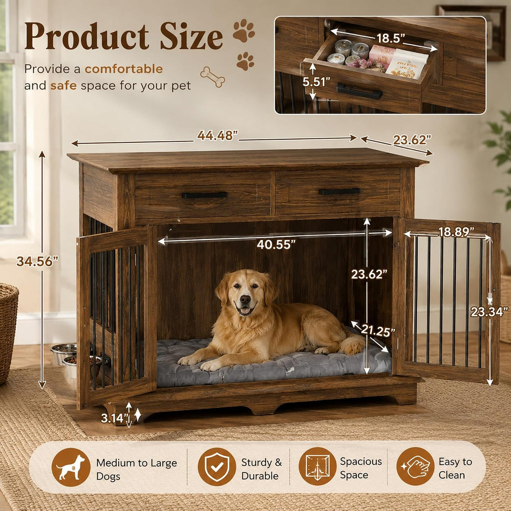 44.48" Large Dog Crate Furniture End Table (Brown) | 2 Storage Drawers, Rotating Removable Bowls, Lockable Double Doors, Reinforced Metal Bars