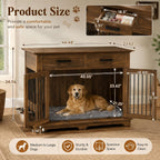 44.48" Large Dog Crate Furniture End Table (Brown) | 2 Storage Drawers, Rotating Removable Bowls, Lockable Double Doors, Reinforced Metal Bars